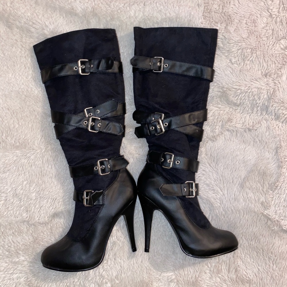 Black strappy heel boots